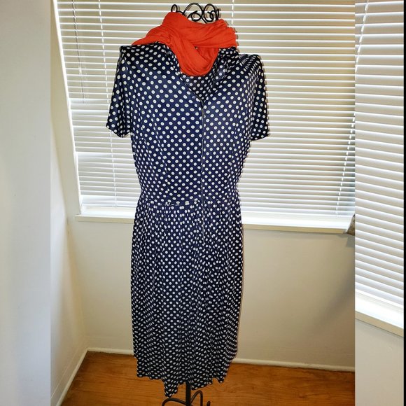 SOLD Vtg 60's Navy & White Housewife Polka Dot Front Zip Knee Length Dress S - Picture 2 of 12